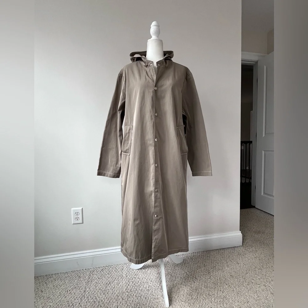 Ih Nom Uh Nit Taupe Long Raincoat with Contrast Stitching and Snap Buttons - Picture 1 of 11